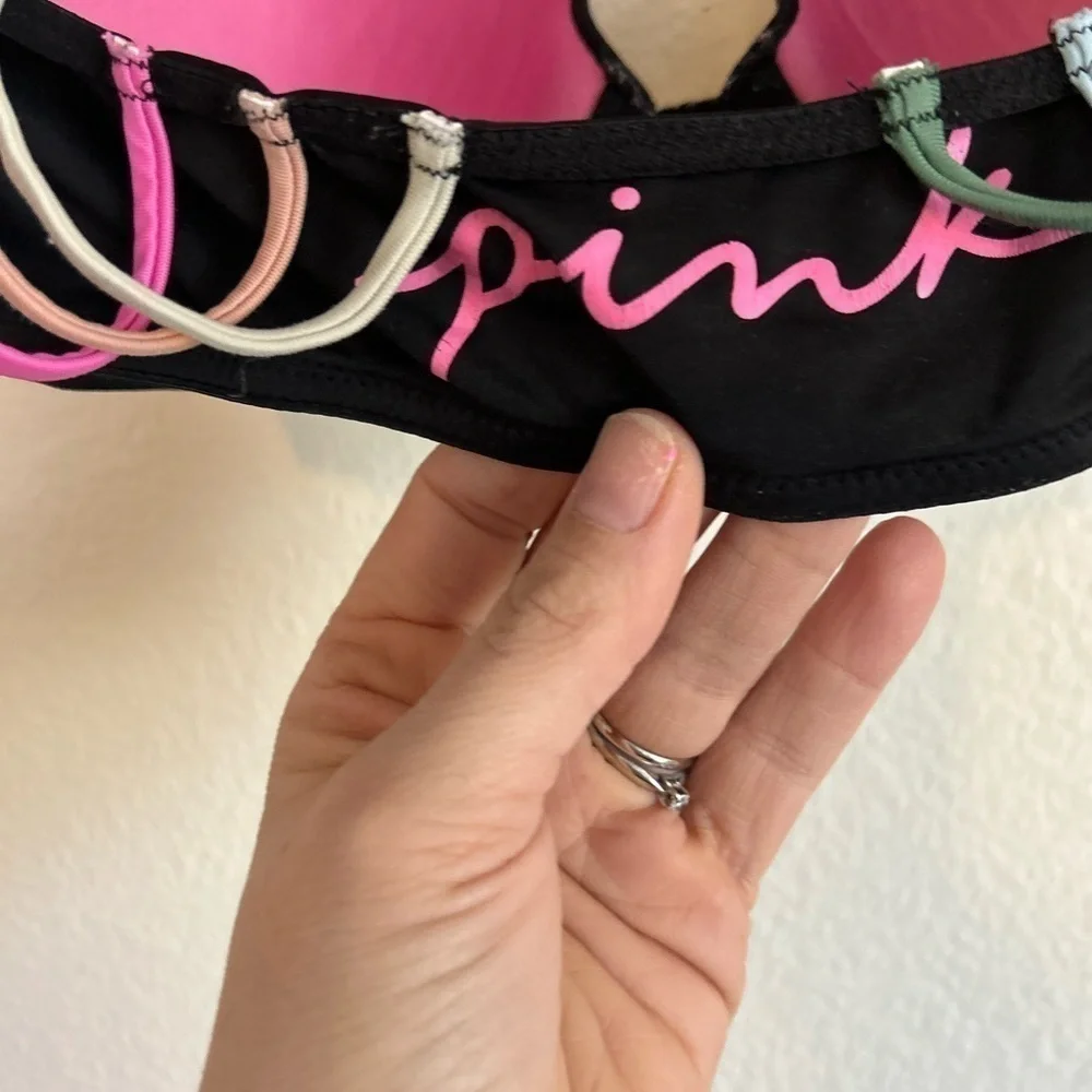 PINK 32D neon and black strappy  open front bra